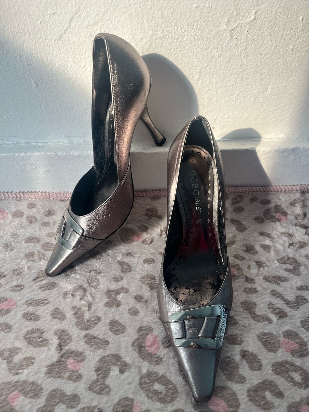 BCBG Metallic Gray Pointed Buckle Pumps